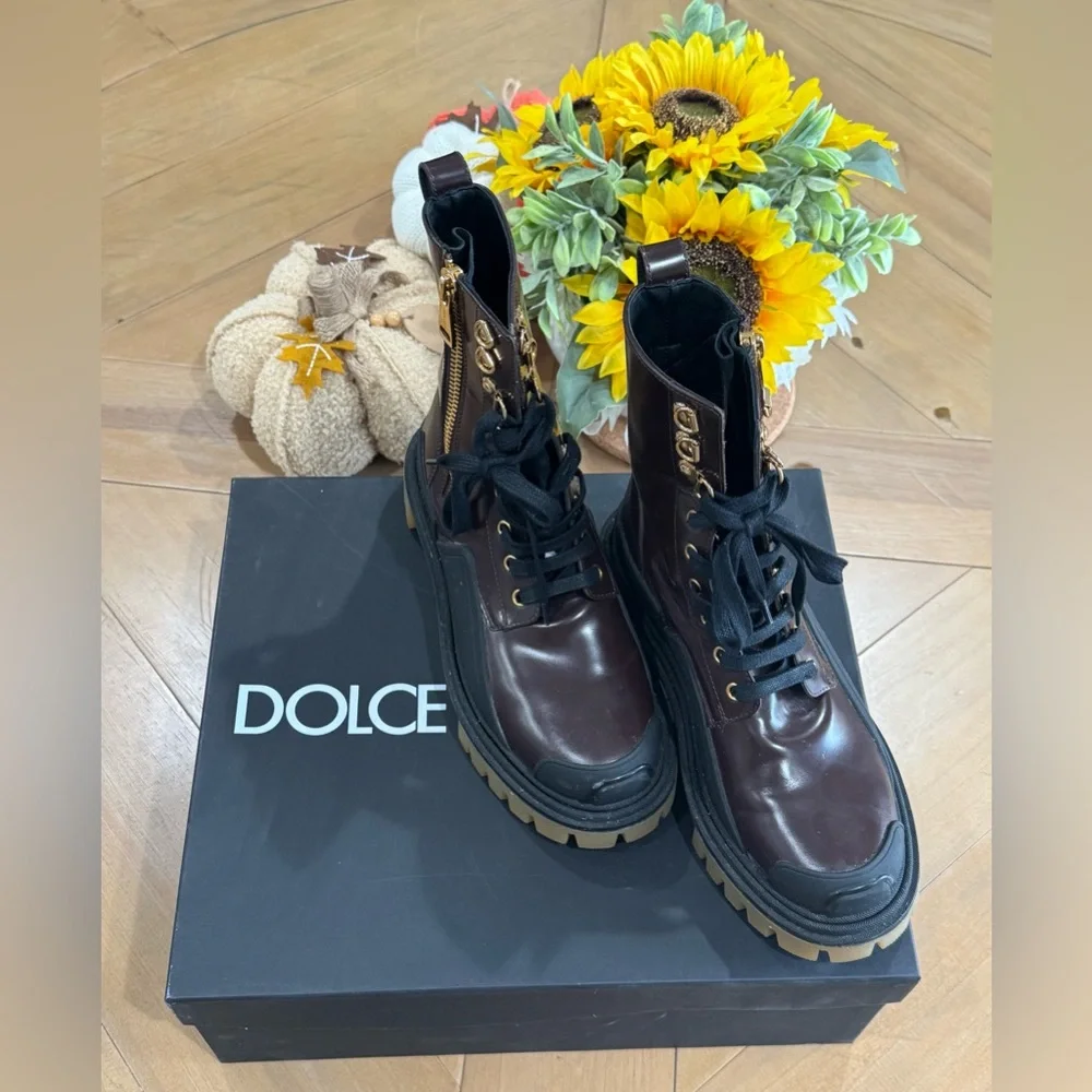 Dolce & Gabbana Brown Black Leather Boots Zipper Lace Up Men's Shoes